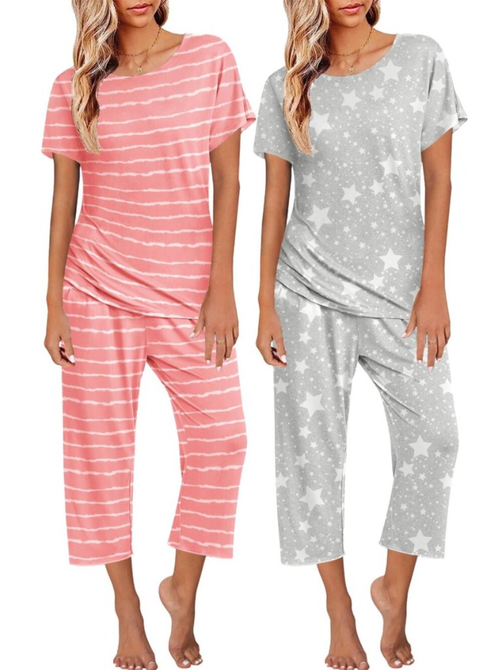 2 Pack Womens Pajamas Sets Short Sleeve Tops and Capri Pants Pjs